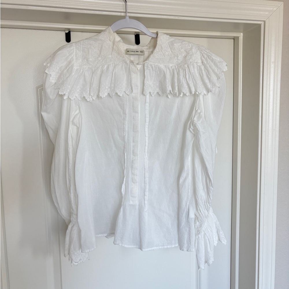 Etro White Ruffled Bishop Sleeve Blouse